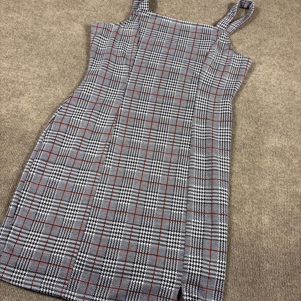 Coco and Shay Mini Dress Women's Medium Gray Plaid Print Square Neck Wide Strap